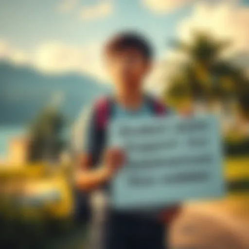A determined student stands with a backpack and looks hopeful, with a summer setting in the background, holding a sign asking for support.
