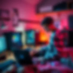 A college student arranging a cryptocurrency mining rig in a dorm room with a laptop and mining equipment on a desk.