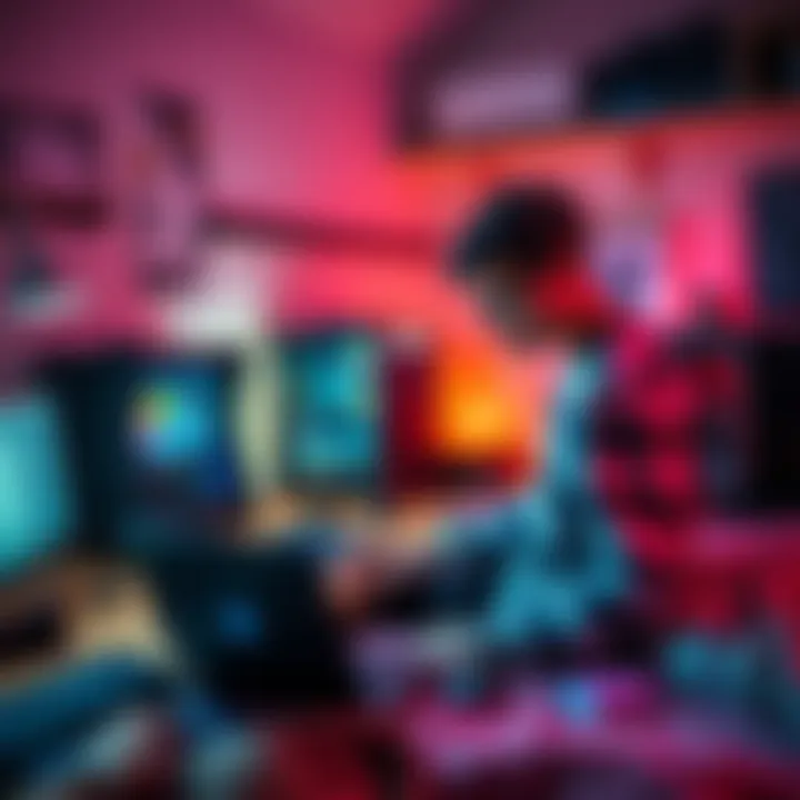 A college student arranging a cryptocurrency mining rig in a dorm room with a laptop and mining equipment on a desk.