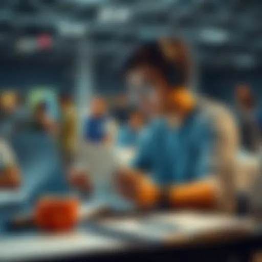 A computer science student working on a laptop surrounded by notes and coffee at a hackathon event