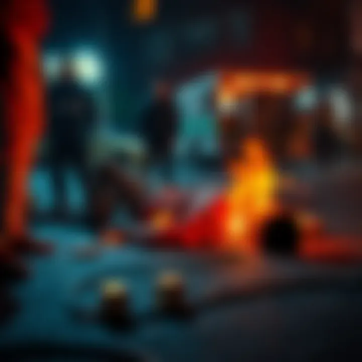 A somber scene showing a young student lying on the ground, surrounded by emergency responders after a violent attack, symbolizing the loss of life due to crime over digital wealth.