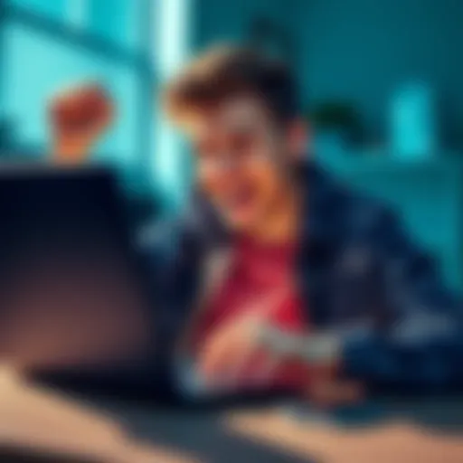 A college student excitedly purchasing Ethereum on a laptop, showing a graph of rising prices, symbolizing confidence in future gains.