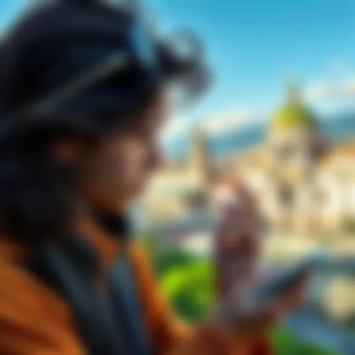 A worried student looking at a smartphone showing a Revolut app, contemplating opening a traditional bank account, with a backdrop of Italian landmarks.