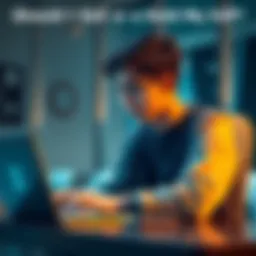 A university student sitting at a desk, looking worried while checking cryptocurrency values on a laptop, with XRP logo visible on the screen.