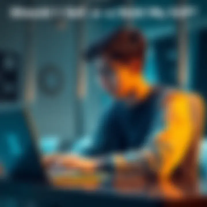 A university student sitting at a desk, looking worried while checking cryptocurrency values on a laptop, with XRP logo visible on the screen.