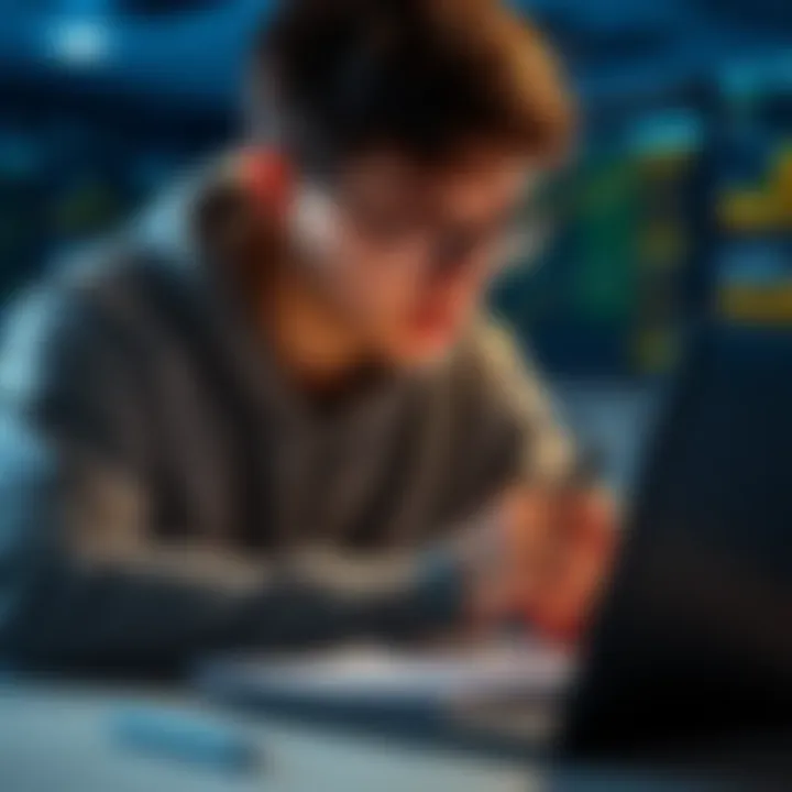 A computer science student looking at cryptocurrency graphs on a laptop while taking notes.