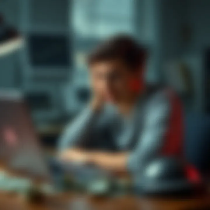 A university student sitting at a desk with a look of anguish, surrounded by bills and a laptop showing cryptocurrency charts, symbolizing financial loss