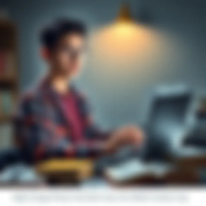 A college student with a laptop, surrounded by math books, looking at Web3 freelance job listings on their screen.