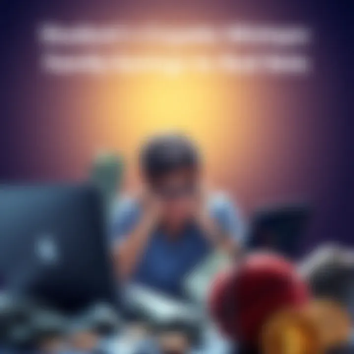 A university student looks worried while staring at his laptop, surrounded by bills and a phone with cryptocurrency charts on the screen.