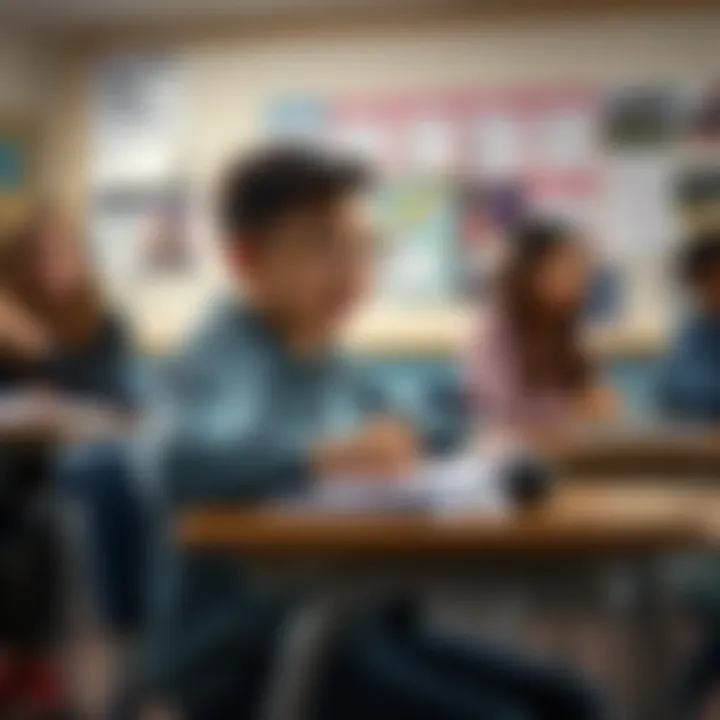 A student sitting at a desk in class, looking excited about a game announcement while trying to focus on notes. A classmate nearby glances over curiously.