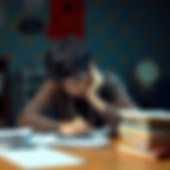 Student reflecting on NEET struggles A student looks pensive while studying at a desk, surrounded by books and notes, showing signs of stress and contemplation about NEET preparation.