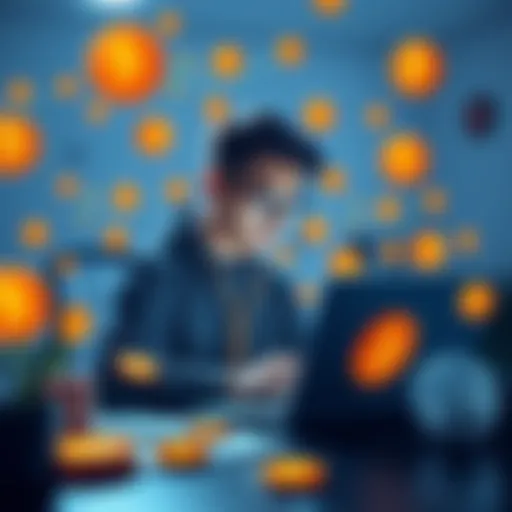A Master's student working on a laptop surrounded by Bitcoin symbols and finance charts, conducting a survey on Bitcoin's feasibility as money.