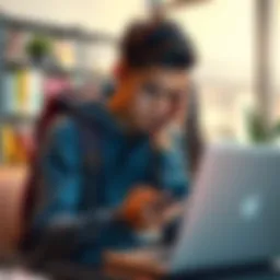 An international student looks worried while checking their phone and laptop, showing frustration over a frozen bank account.