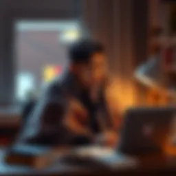 A student sits at a desk with books and a laptop while wrapped in a blanket, looking tired and unwell