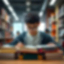 A focused student in a study hall surrounded by books, politely declining a conversation with a friend, maintaining concentration on work.
