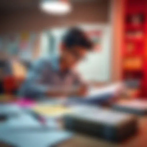A student focused on studying for JEE exams with textbooks and notes scattered on a desk, signifying preparation for board exams.