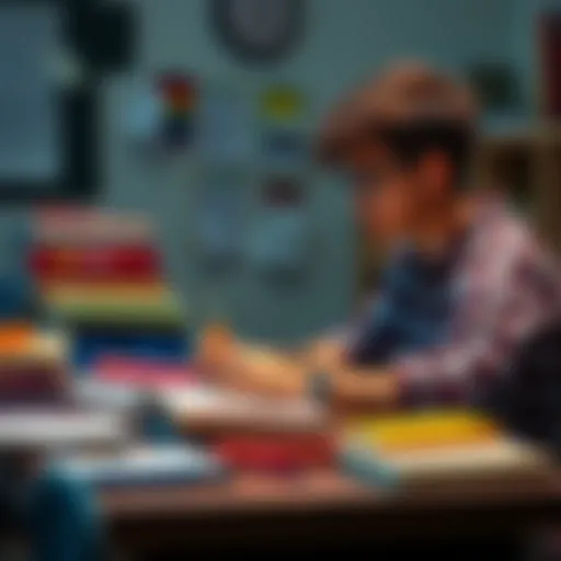 A high school student focused on studying at a cluttered desk with books and notes.