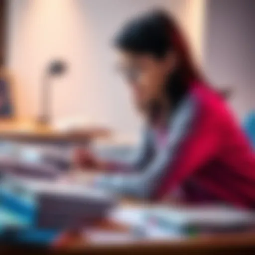 A student sitting at a desk surrounded by study guides and notes, focused on exam preparation.
