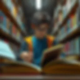 A student studying in a library surrounded by open books, illustrating a unique approach to learning without homework.