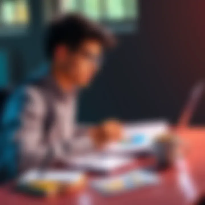 A university student with a laptop and notepad, looking at graphs and data related to neobanks, with a coffee cup beside them.