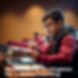 A student writing notes in a notebook during a lecture, surrounded by books and a laptop.