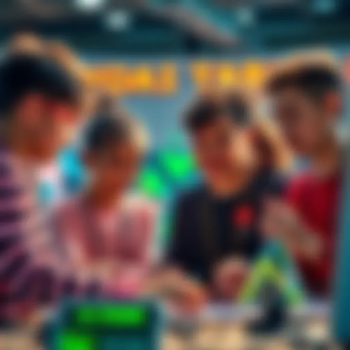 A diverse group of students collaborating on AI projects, showcasing creativity and teamwork in a competition setting