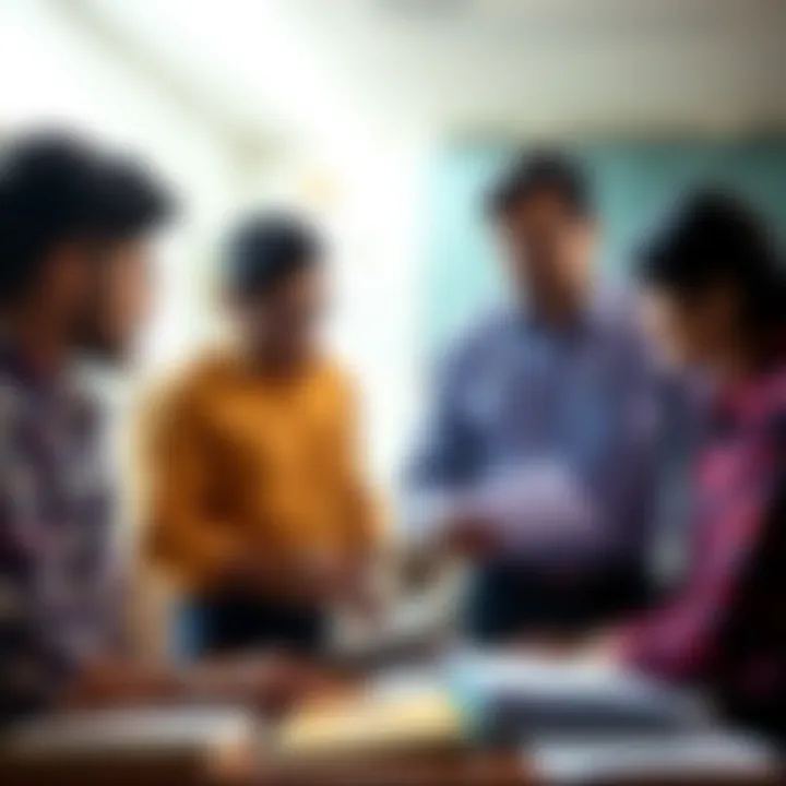A group of students discussing their choices between two physics teachers, Saleem Sir and Rajwant Sir, with books and notes in front of them.