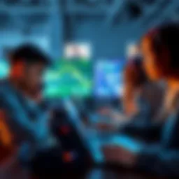 A group of students working together on laptops at a hackathon, with coding and project ideas on screens