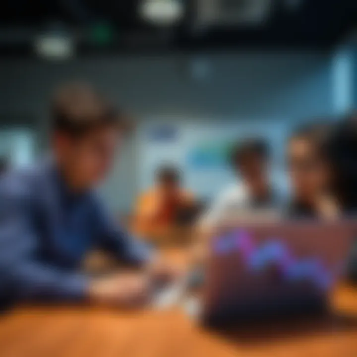 Master's students working together on Smart Beta and Statistical Arbitrage models using data on laptops in a classroom.