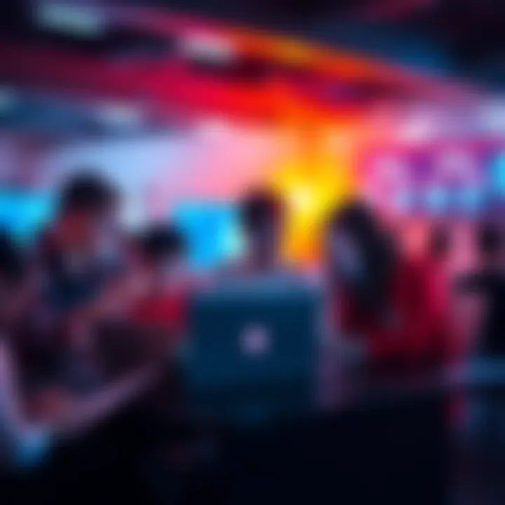 A group of students working together on laptops during a hackathon event, discussing ideas and coding solutions.