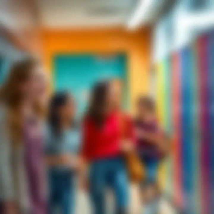 A group of happy students laughing and chatting in a school hallway, with colorful lockers in the background.