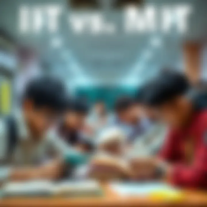 Group of students studying together for entrance exams with books and notes