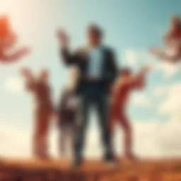 A person standing confidently while others mimic their actions, symbolizing influence and success.