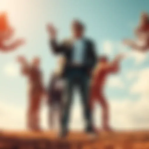 A person standing confidently while others mimic their actions, symbolizing influence and success.