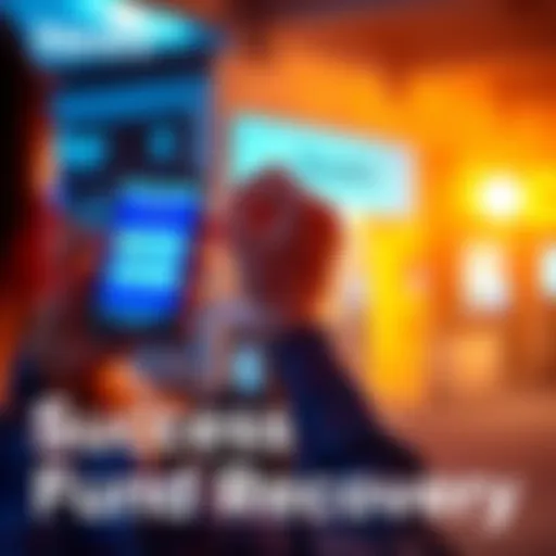 A person celebrating with a smartphone, showing a screen with recovered funds, symbolizing financial success and peace of mind.