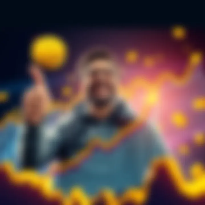 A happy person celebrating financial success with a gold coin and a thumbs up, surrounded by graphs showing rising profits without crypto investment