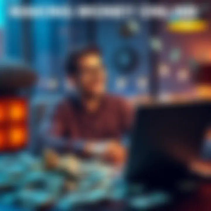 A person sitting at a laptop with dollar bills scattered around, smiling at their earnings from an online method shared by a brother.