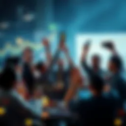 Group of crypto creators celebrating a successful token launch with digital devices and charts