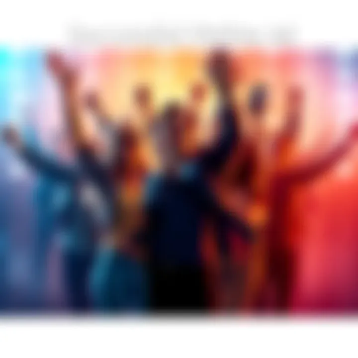 A vibrant graphic showing happy people celebrating their success with online ads, featuring icons of rewards and engagement metrics