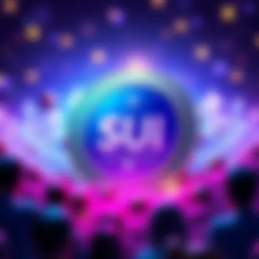 A representation of the SUI smart contract coin with a vibrant background and community symbols, highlighting its focus on building a community.