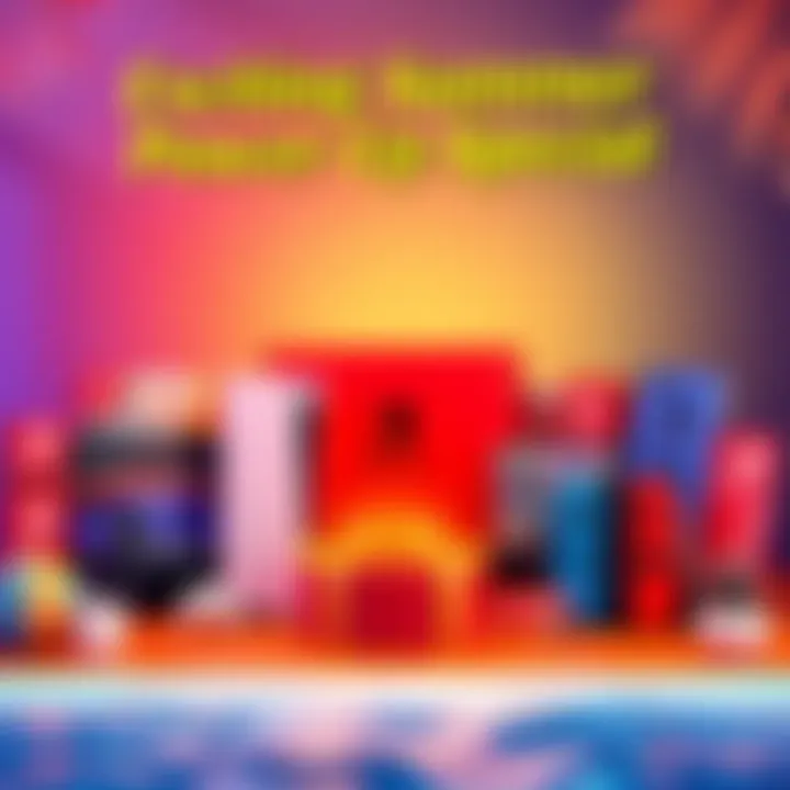 A display of prizes including AirPods Max, PS5, and Nintendo Switch 2 on a colorful background with summer themes