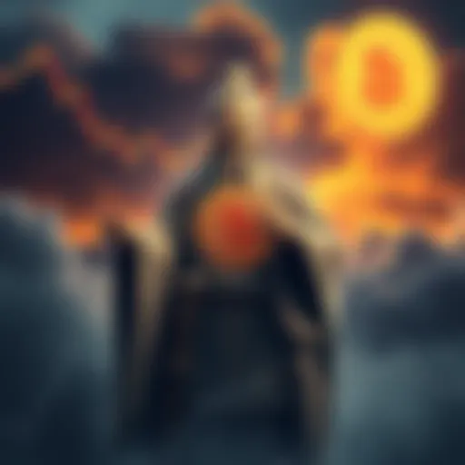 A figure resembling Sun Tzu holding a Bitcoin symbol, surrounded by charts showing market trends, with a backdrop of a stormy sky representing bear markets.