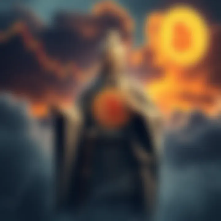 Sun Tzu with Bitcoin A figure resembling Sun Tzu holding a Bitcoin symbol, surrounded by charts showing market trends, with a backdrop of a stormy sky representing bear markets.