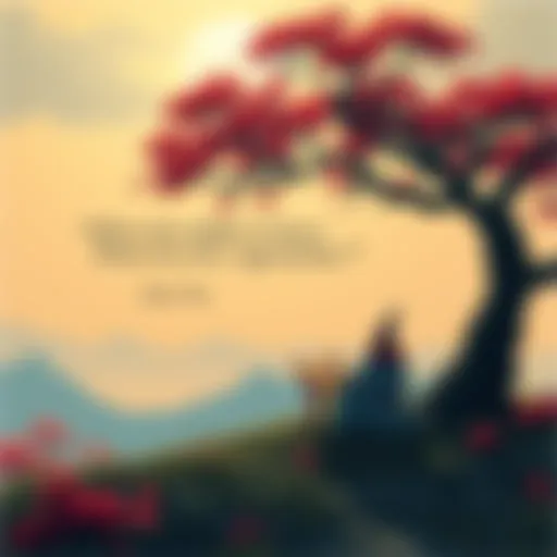 A serene landscape with a wise figure sitting under a tree, contemplating a scroll. The quote 'In the midst of chaos, there is also opportunity' is softly displayed.