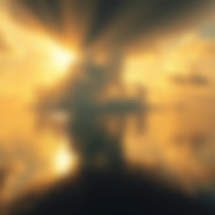 Golden sunlight beams shining through clouds and reflecting on calm water