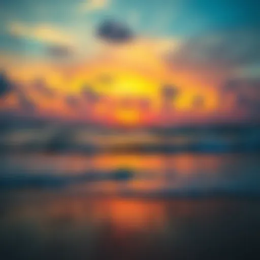 A beautiful sunset over the beach with colorful skies and gentle waves