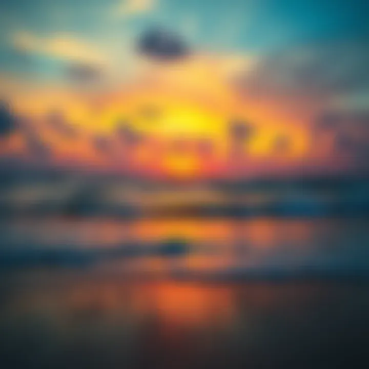 A beautiful sunset over the beach with colorful skies and gentle waves