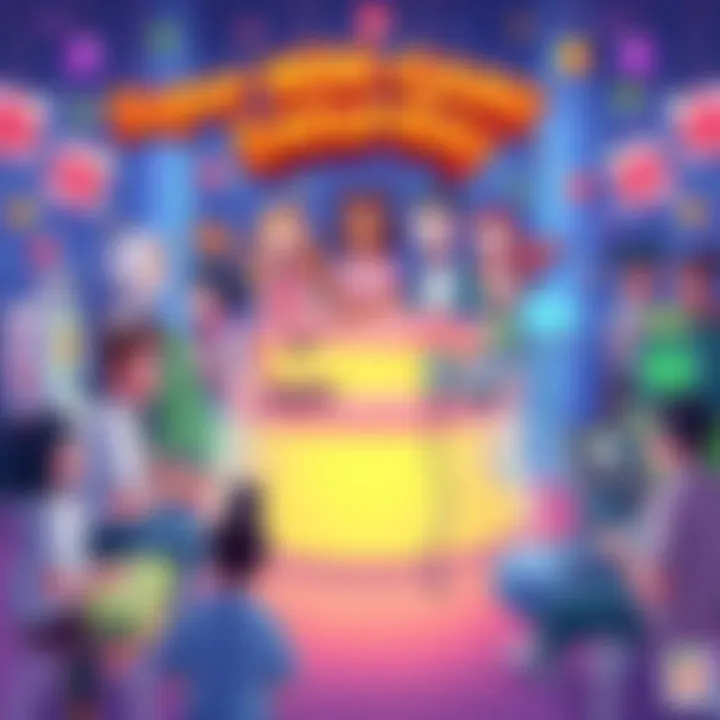 A colorful illustration showing a group of people of different ages playing various mini-games at an event, with decorations and gaming consoles present.