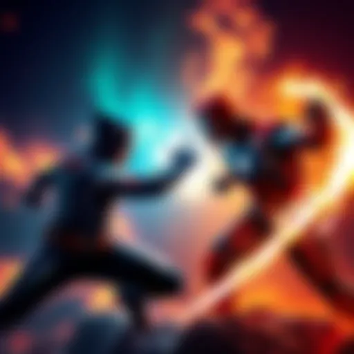 A dramatic scene where characters from 'Invincible' and 'Avenger' face off in an epic battle, showcasing their unique powers and costumes.