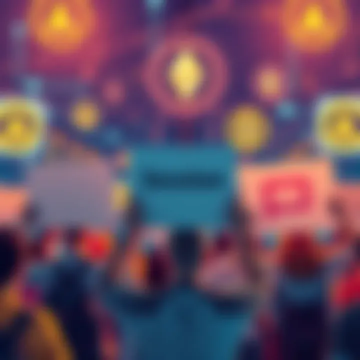 Support for Session Messaging App A group of people holding signs to support the Session messaging app, with a background showing digital symbols of privacy and communication.